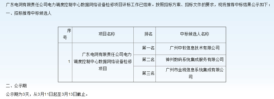 廣州電網電力調度控制中心數據網絡設備檢修項目中標候選人公示