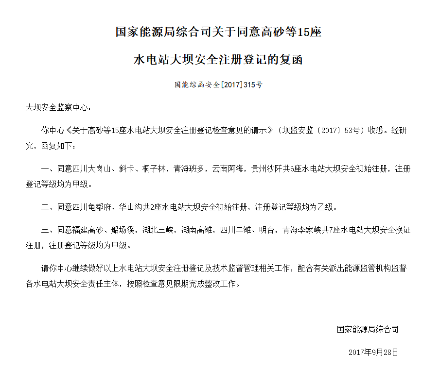 國家能源局綜合司關(guān)于同意高砂等15座 水電站大壩安全注冊登記的復(fù)函