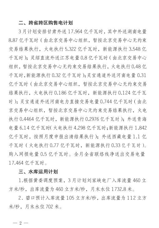  2018年3月甘肅電網電量交易計劃：外送17.964億千瓦時