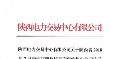 陜西電力交易中心有限公司關于陜西省2018年7月受理注冊及信息變更的售電公司公示結果的公告