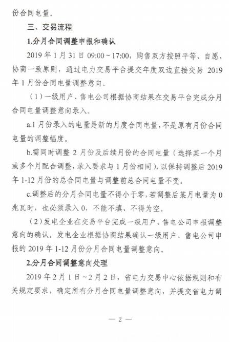 安徽2019年1月電力直接交易合同分月電量調整1月31日展開