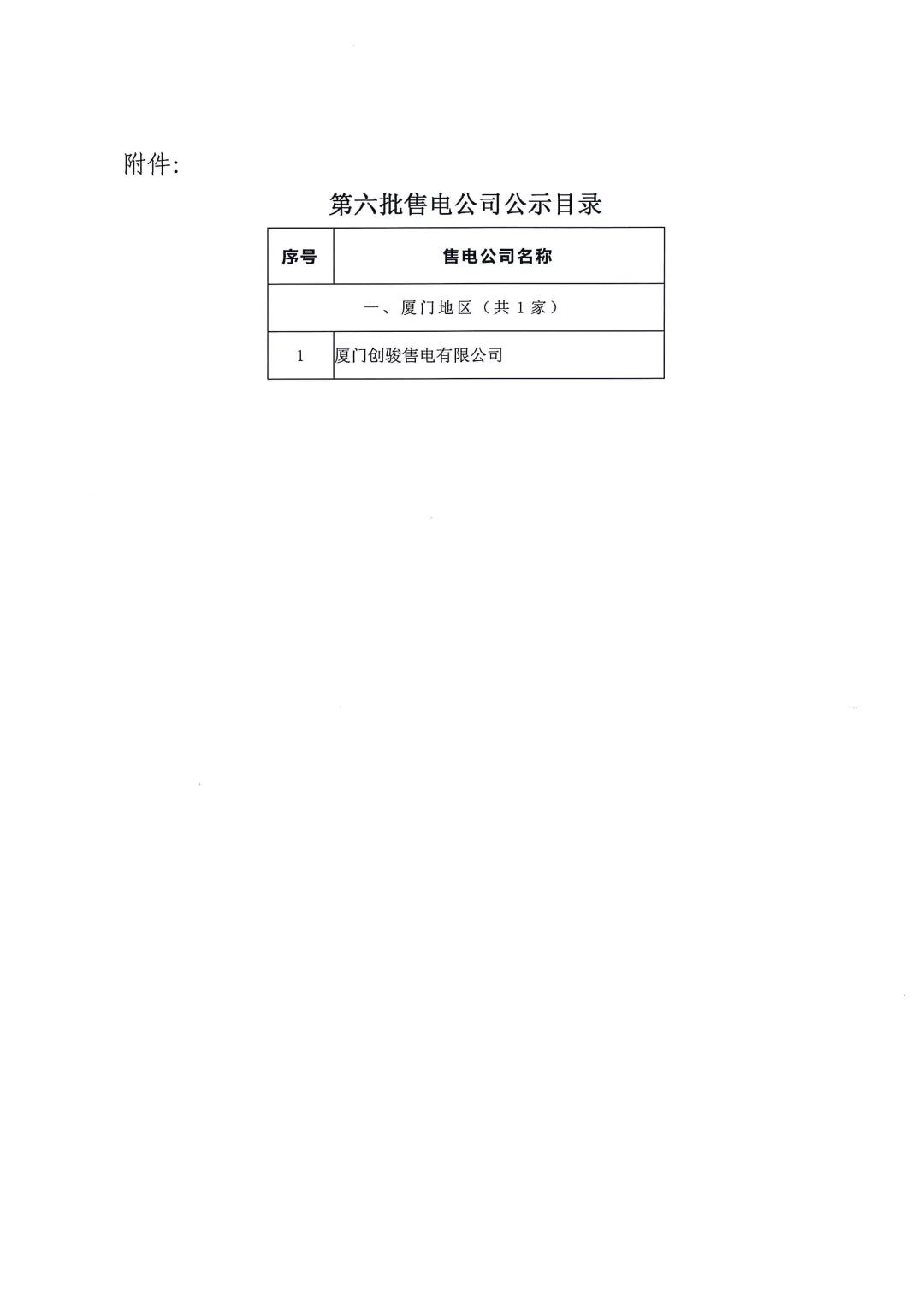 福建公示第六批1家售電公司